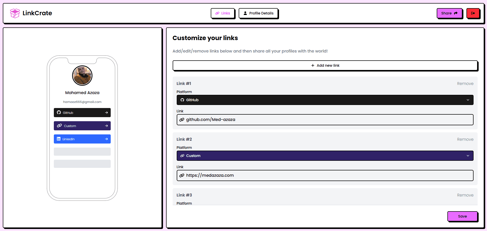 LinkCrate dashboard for managing profile links